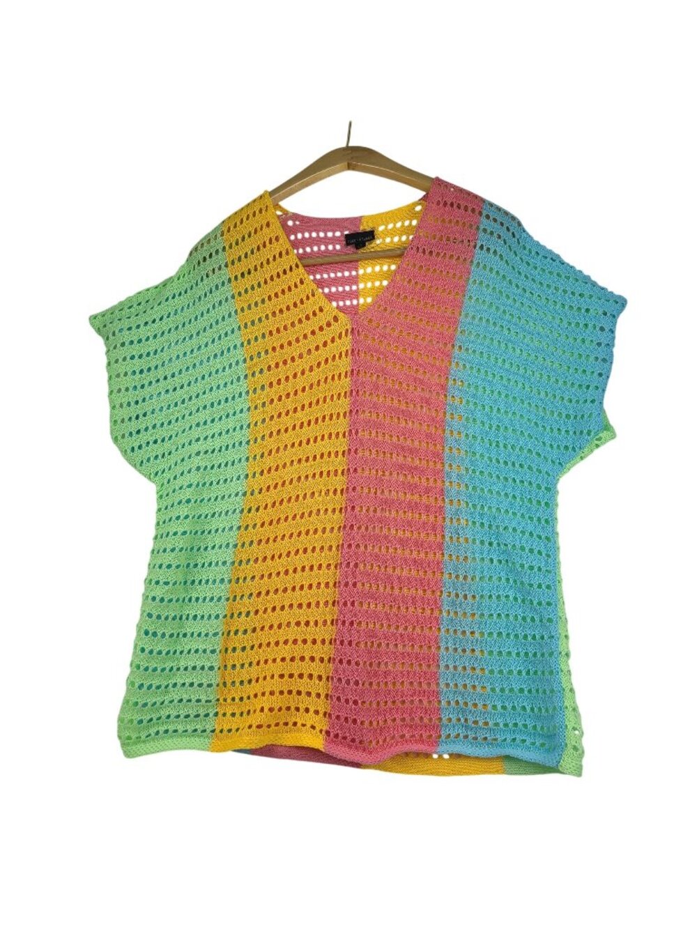 Coco and Carmen Rayna V-Neck Laser Cut Popover Soft Stripe Sweater Open Knit L